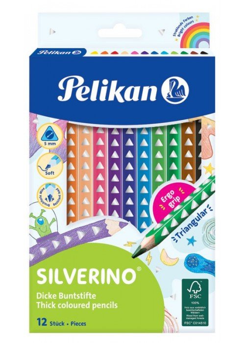 Pieštukai spalvoti stori trikampiai 12sp SILVERINO