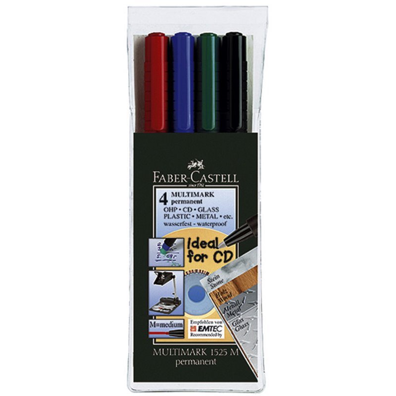 Permanentinis žymeklis CD/DVD diskams FABER CASTELL MULTIMARK M, 4 sp. komplektas Permanentinis žymeklis CD/DVD diskams FABER CASTELL MULTIMARK M, 4 sp. komplektas