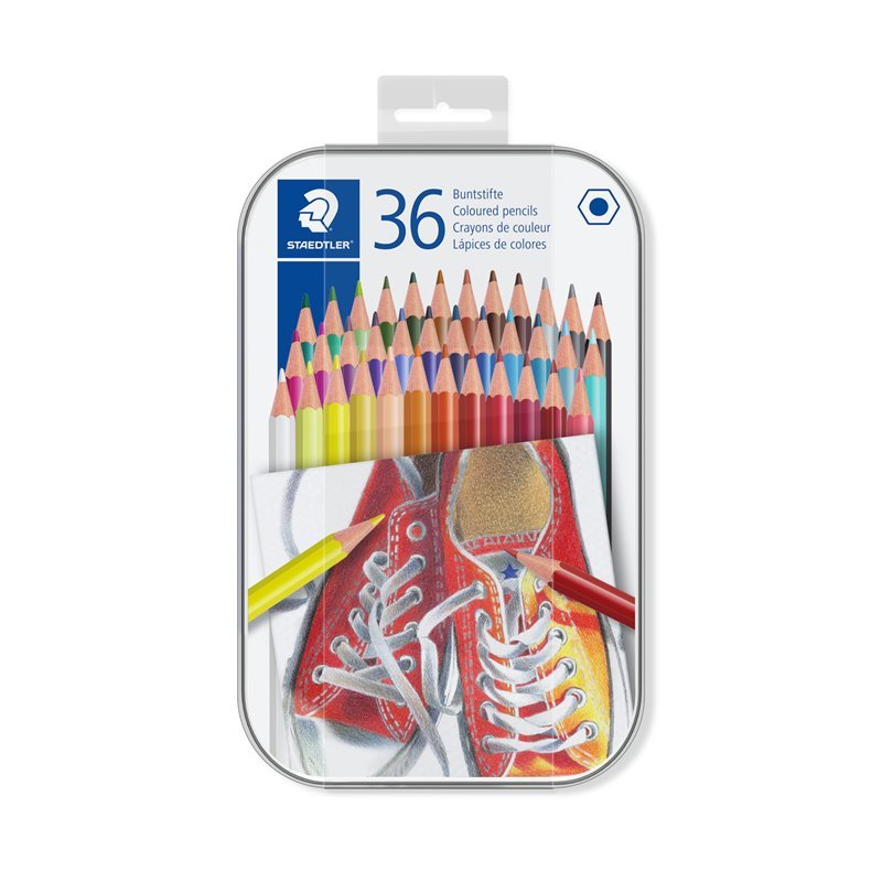 Spalvoti pieštukai STAEDTLER, šešiabriauniai, metalinėje dėžutėje, 36 vnt. Spalvoti pieštukai STAEDTLER, šešiabriauniai, metalinėje dėžutėje, 36 vnt.