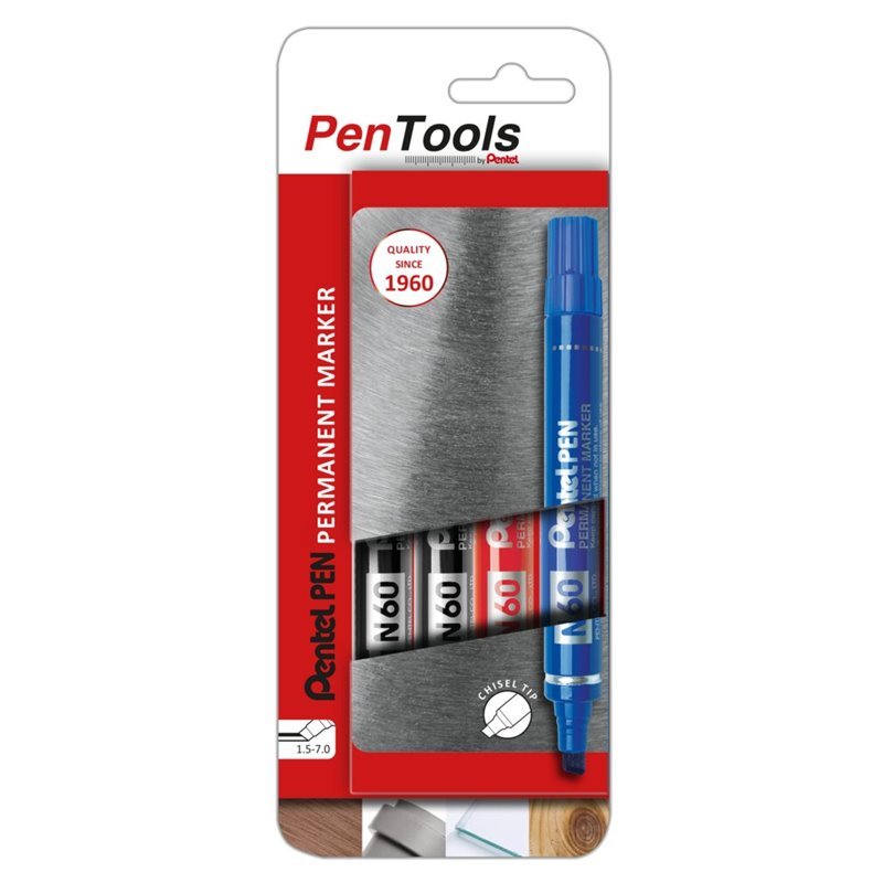 Permanentinis Žymeklis Pentel Pen N60, 1,5 - 7 mm, 4 vnt., įvairių spalvų